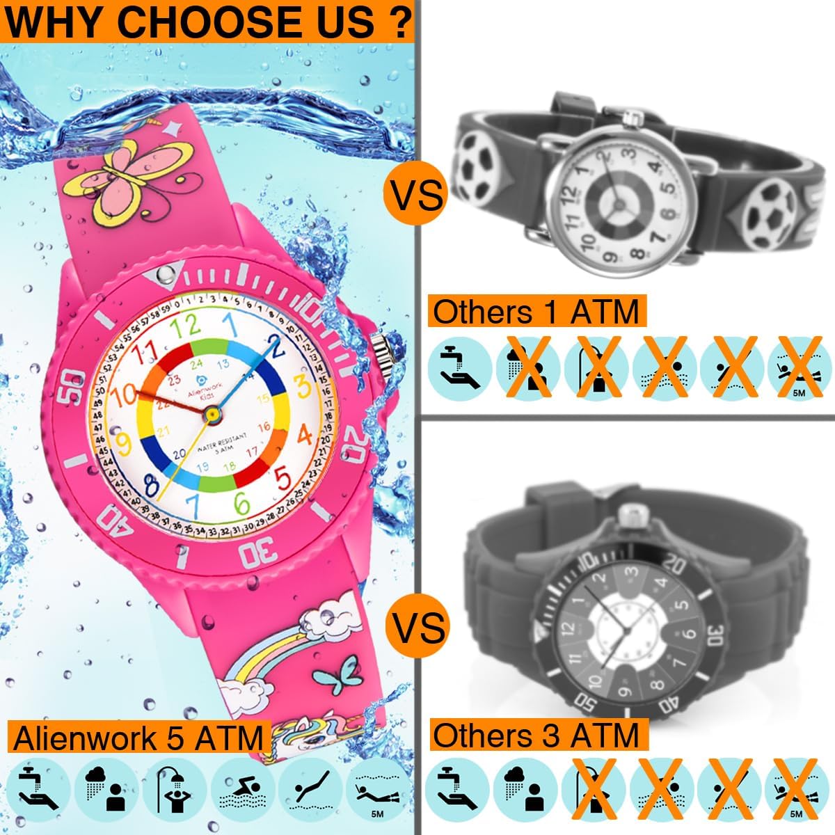 Thumbnail 4 de Alienwork Kids Montre pédagogique pour apprendre l’heure (5 ATM) – garçon & fille