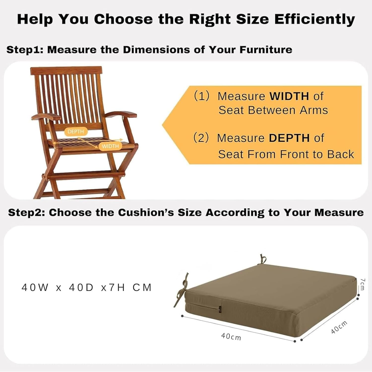 Detalle de PrimePATIO Outdoor Chair Seat Cushions (Set of 2) – 7cm Thick, 40x40cm, Dark Khaki