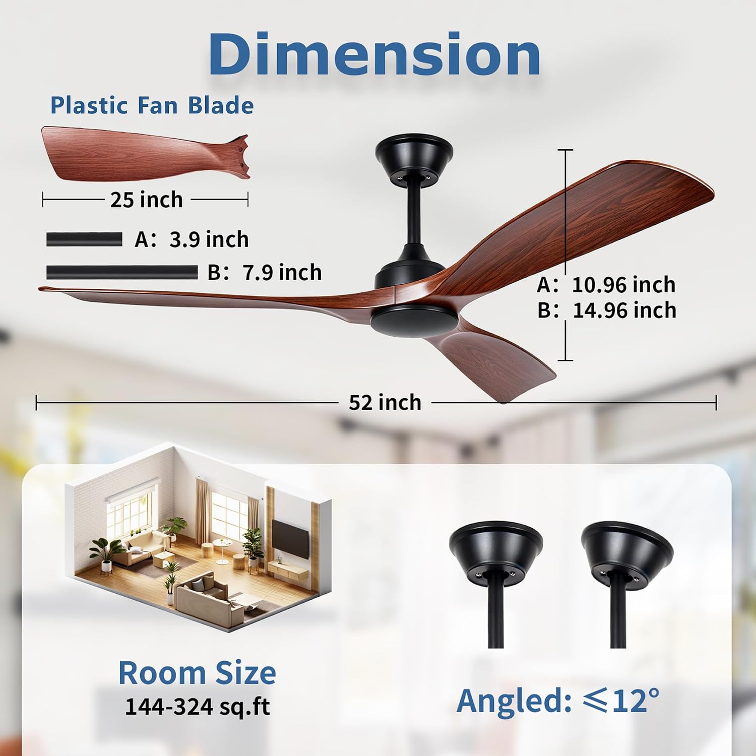 Detalle 2 de MuyuTc MY-CF02-NL52-Walnut 52-Inch Ceiling Fan with Remote, Walnut, No Light