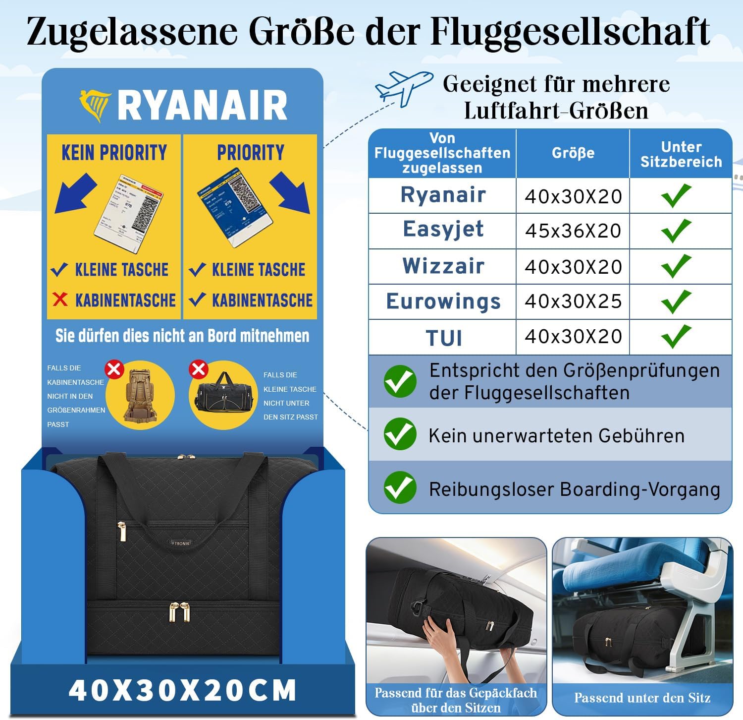 Detalle de ETRONIK Reisetasche Damen Ryanair Handgepäck 40×30×20 cm – wasserdicht, mit Schuhfach und vielseitiger Innenaufteilung