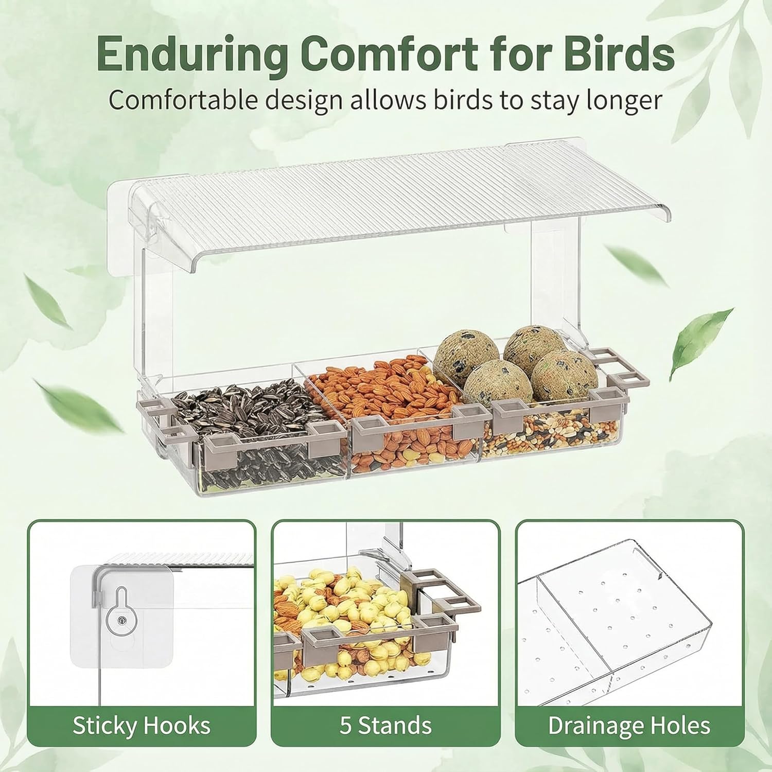 Detalle 2 de Furkoazki Window Bird Feeder with Clear Acrylic Construction (Three Compartments, 5 Perches)