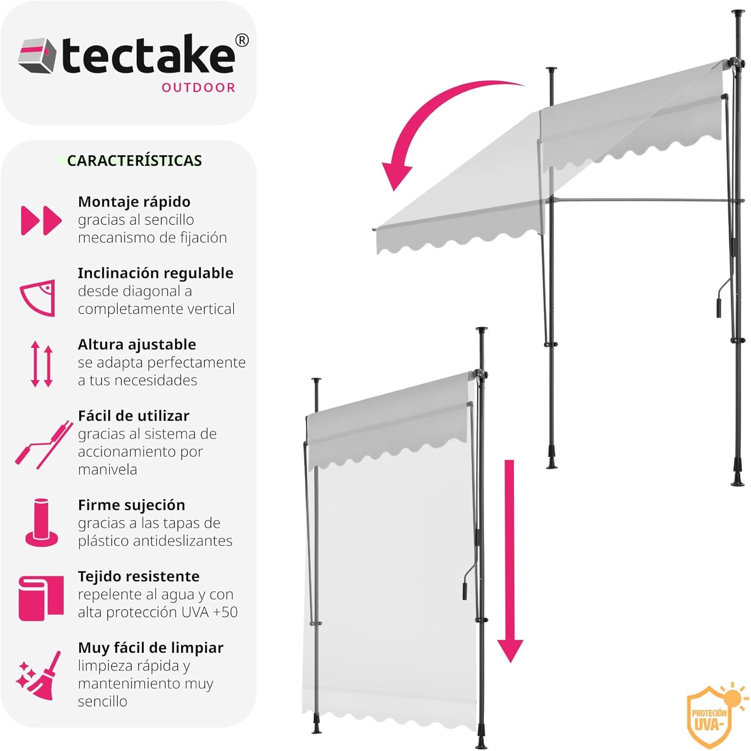 Detalle 2 de tectake® Toldo Terraza Manual 150cm, Resistente UV y Agua ☀