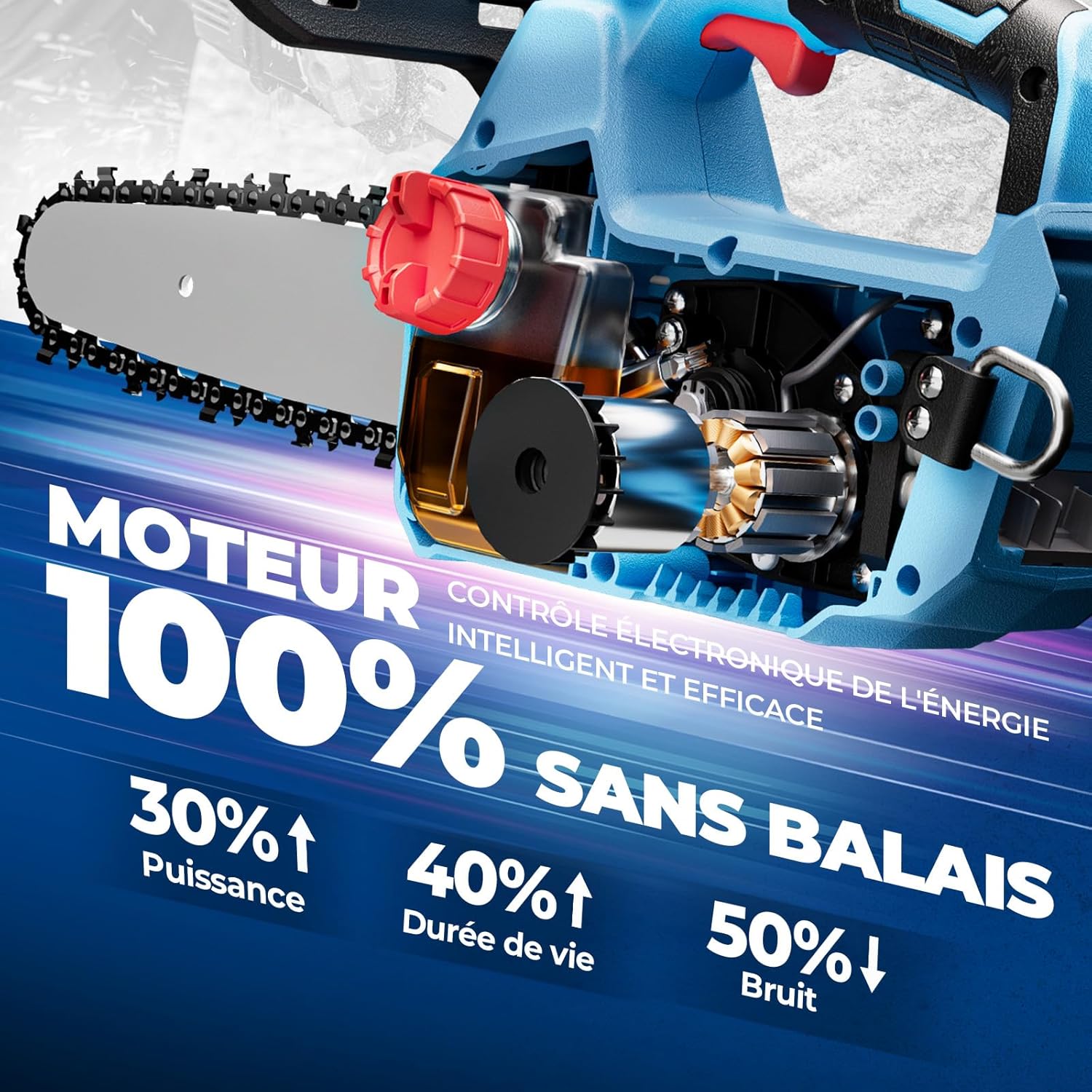 Detalle de DongCheng Tronçonneuse sans fil 20V avec moteur brushless et guide Oregon 30 cm