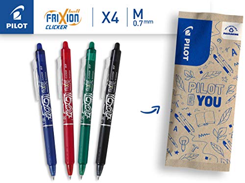 Detalle de Pilot - 4 FriXion Ball Clicker: Stylo roller effaçable 0,7 mm, rétractable et ergonomique – noir/bleu/rouge/vert