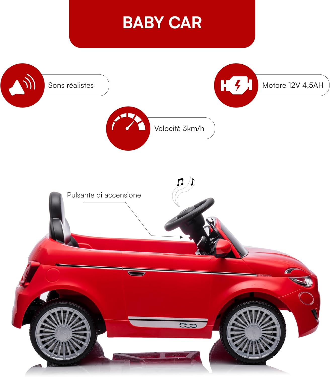 Thumbnail 3 de Baroni Toys Fiat 500 Voiture Électrique 12V pour Enfant (Rouge) — Télécommande Parentale, Sons et Lumières