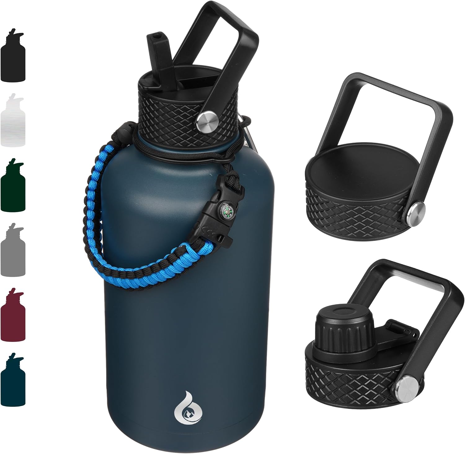 Detalle de BJPKPK 64oz Half Gallon Insulated Water Bottle (Navy Blue) with Straw Lid, 3 Lids & Paracord Handle