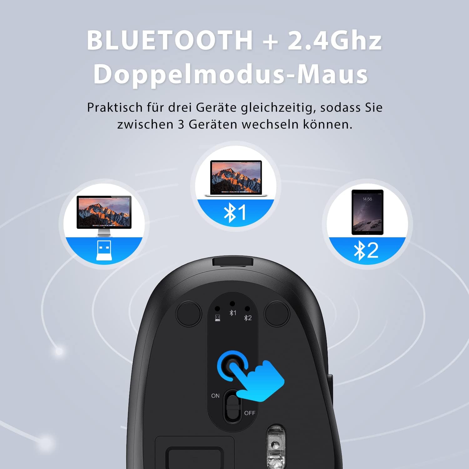 Detalle 2 de iClever Bluetooth Tastatur mit Maus (Dualmodus, 3 Geräte) – wiederaufladbar, USB & Bluetooth, QWERTZ (Grau)