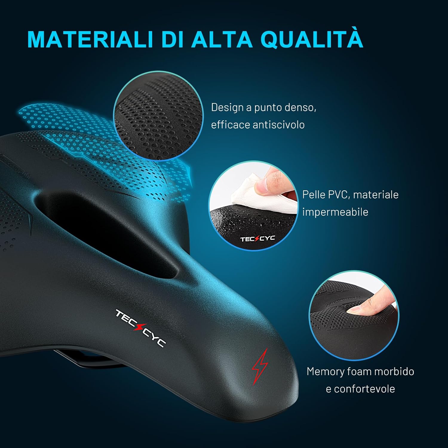 Thumbnail 3 de TECHCYC Sella per bicicletta in memory foam e gel, comoda e traspirante per strada, MTB e bici elettriche