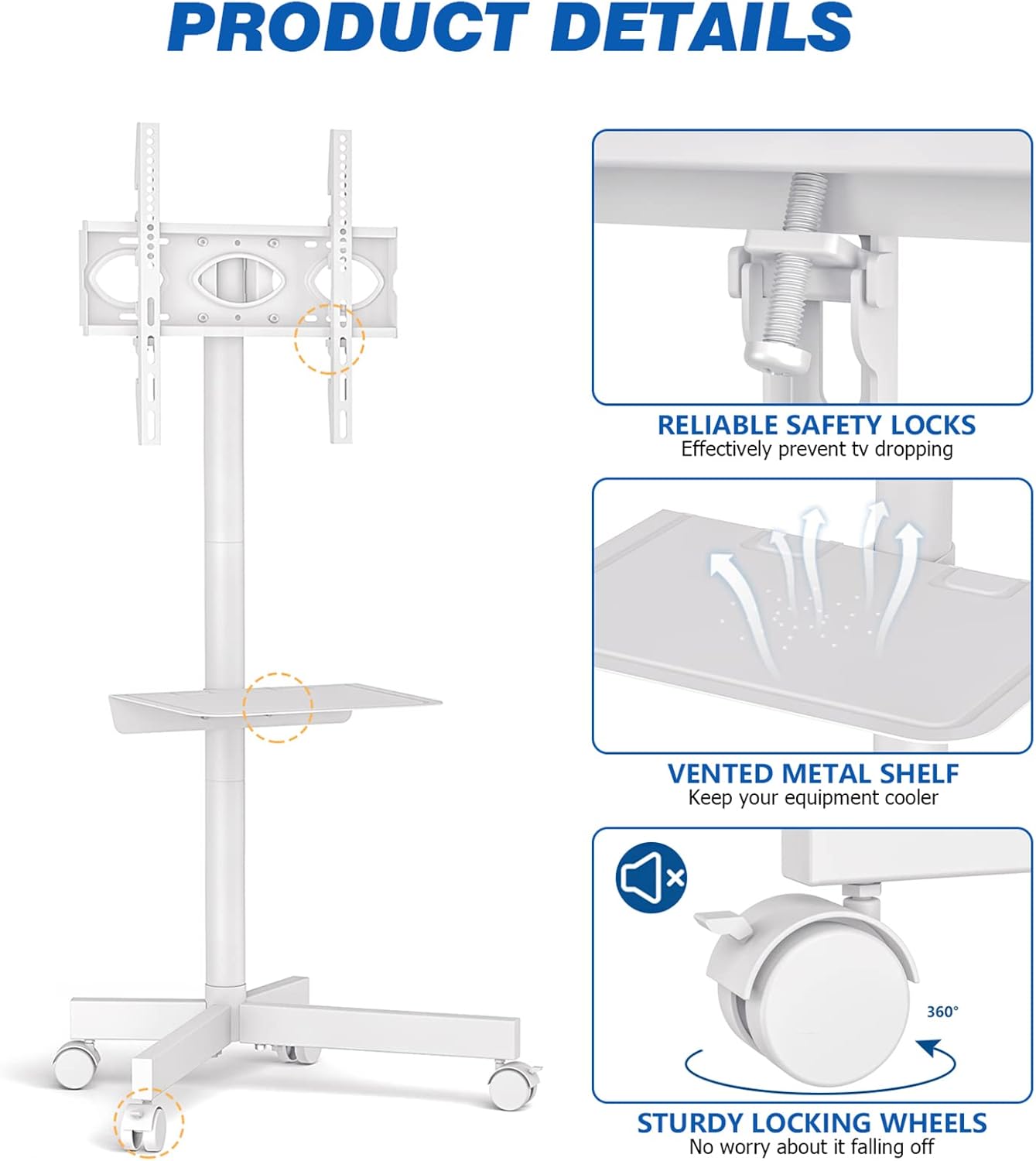 Thumbnail 4 de RFIVER Blanc Pied TV mobile sur roulettes (27 à 60 pouces) réglable en hauteur, charge max 40 kg, VESA jusqu’à 400x400