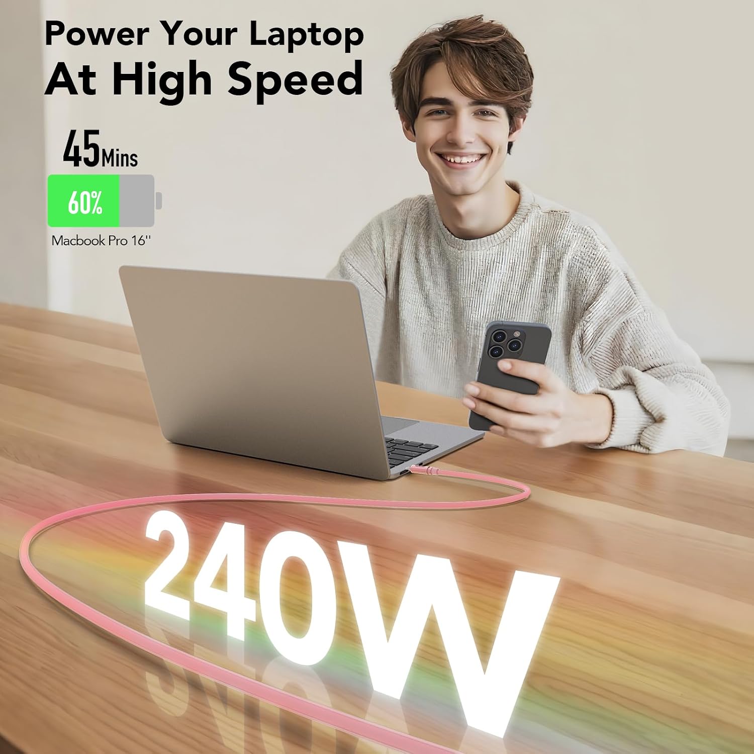 Thumbnail 2 de MFish 240W USB-C to USB-C Cable (PD 3.1 EPR) – 6FT Pink