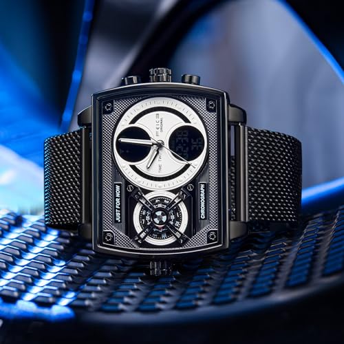 Detalle 2 de FEICE Reloj Cuadrado Multifuncional para Hombre FK814 47 mm: esfera grande analógico–digital en acero inoxidable