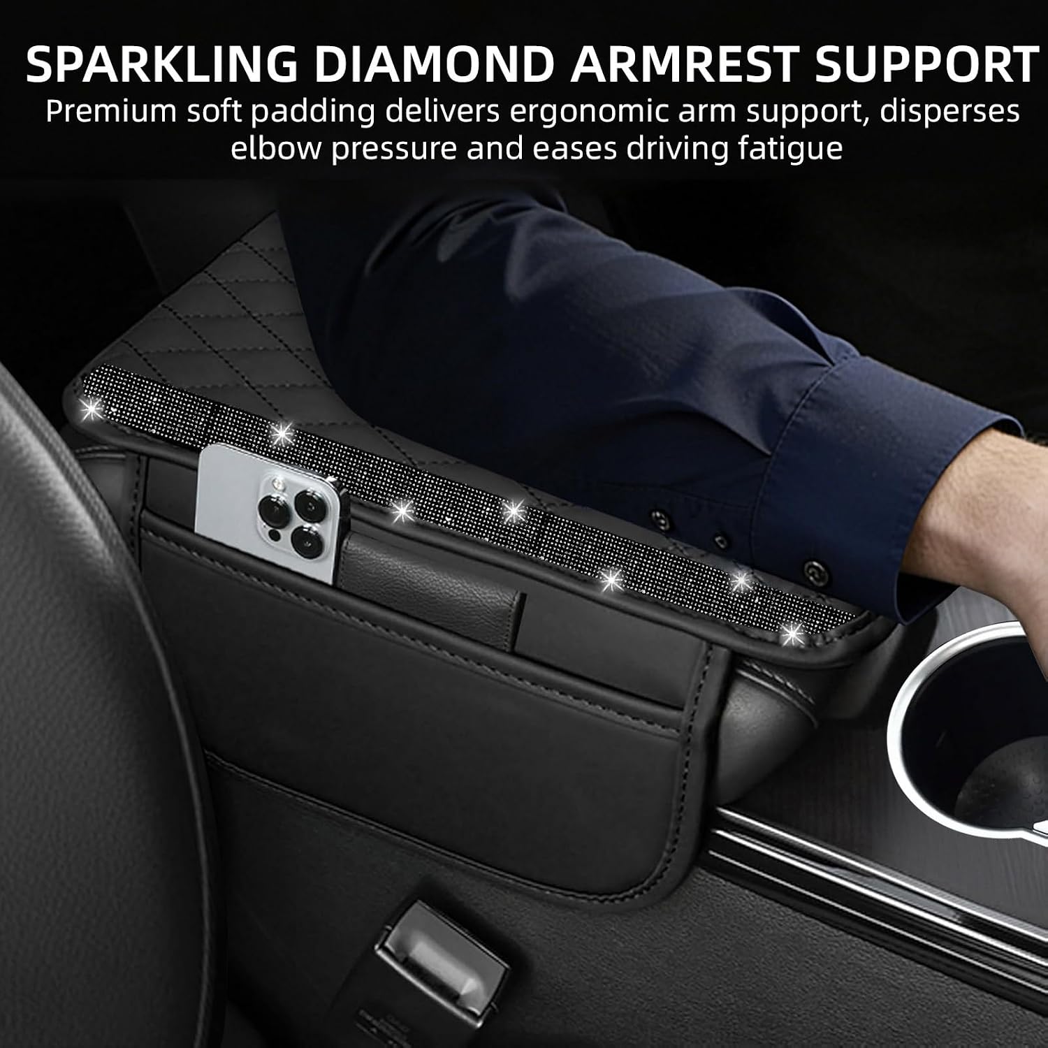 Thumbnail 3 de NBTEPEM Bling Car Center Console Cover with Leather Arm Rest and Dual Storage Pockets