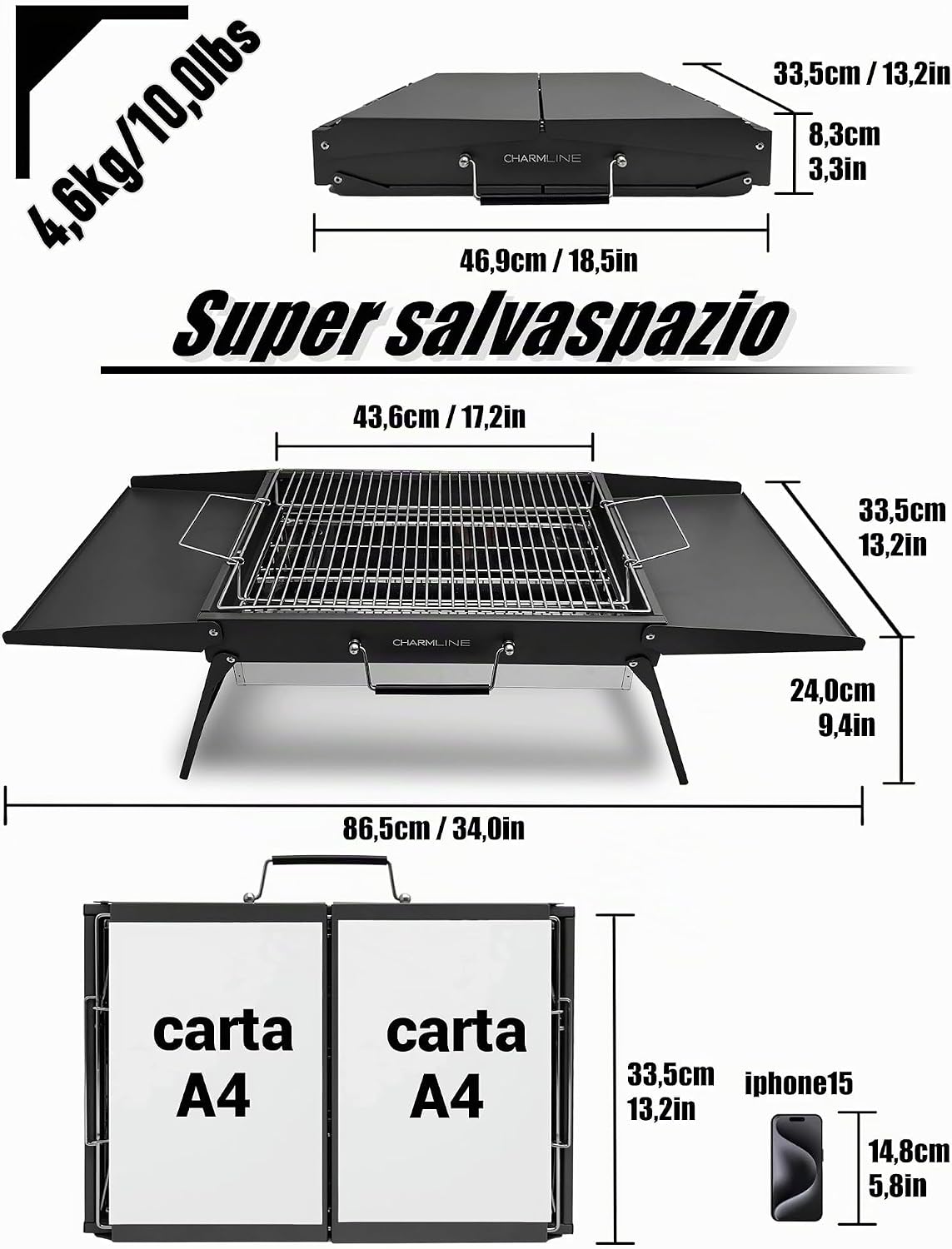Detalle de Charmline Griglia a Carbone Portatile 47 x 34 cm: pieghevole e pronta all’uso per campeggio, picnic e feste