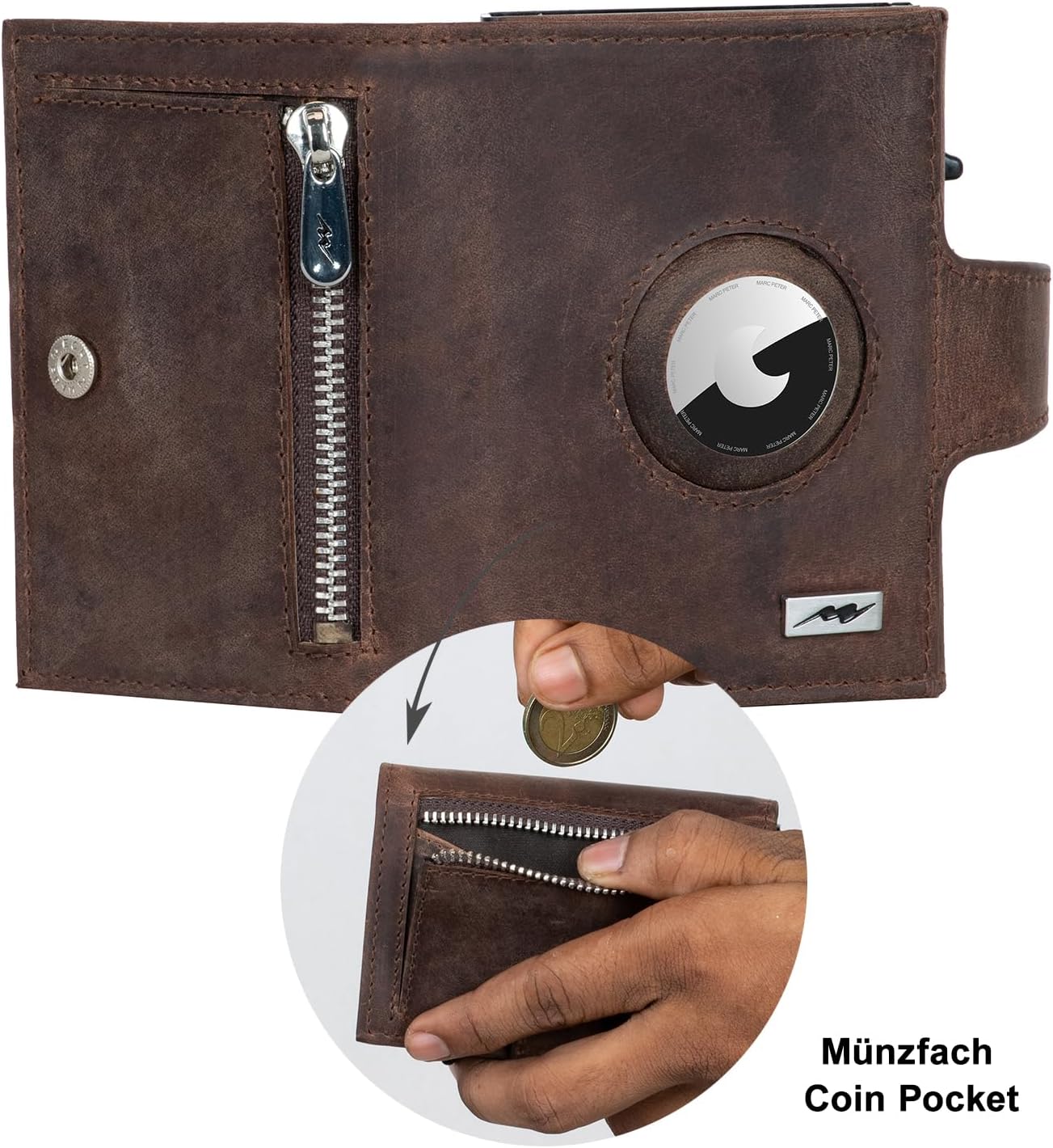 Thumbnail 5 de Marc Peter Chicago Vintage Braun Leder Push AirTag-Geldbörse mit Münzfach (RFID-Schutz), kleines Mini-Portemonnaie