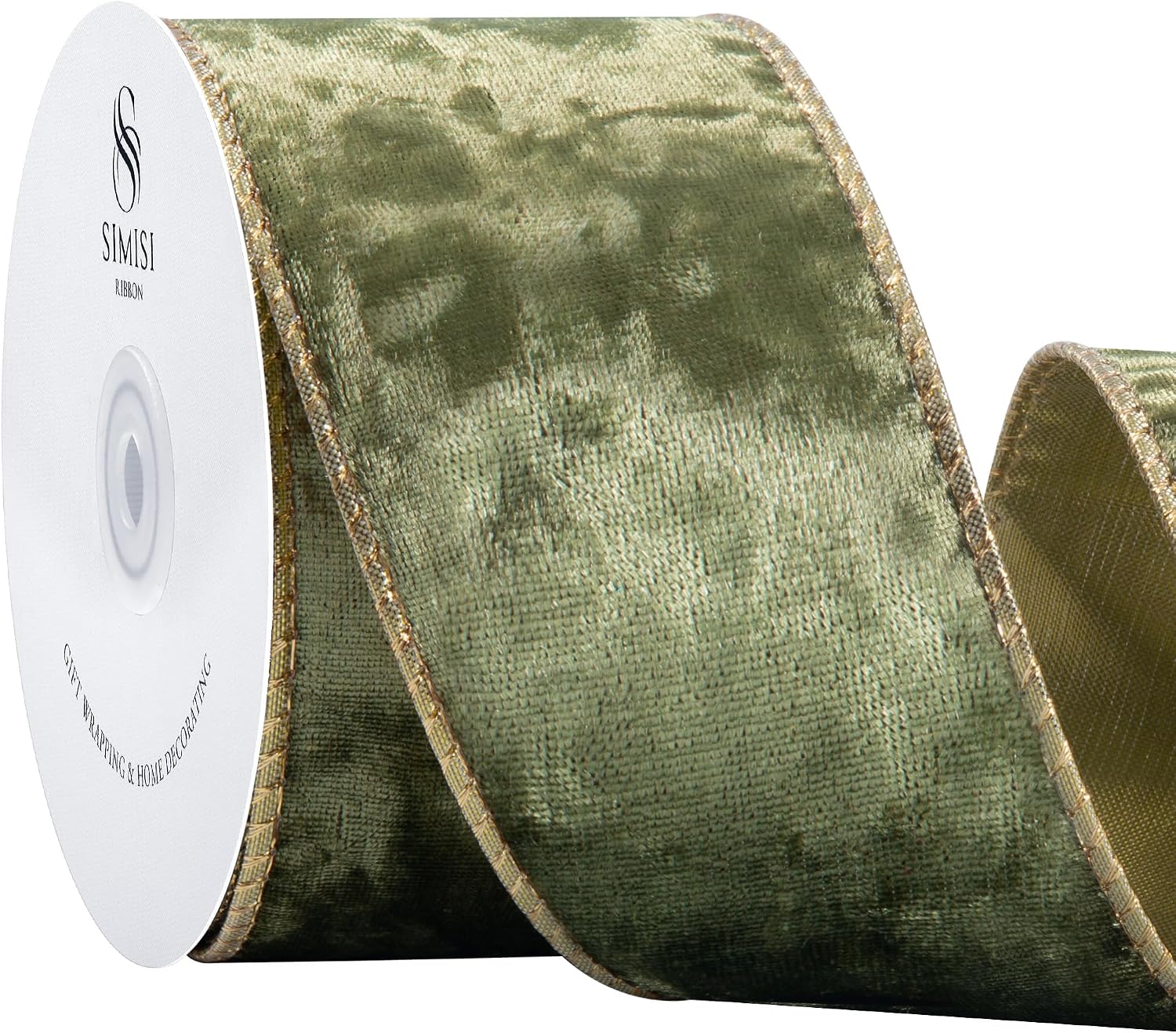 Detalle de SIMISI RIBBON Olive Green Crushed Velvet Wired Ribbon, 2.5-Inch, 10 Yards