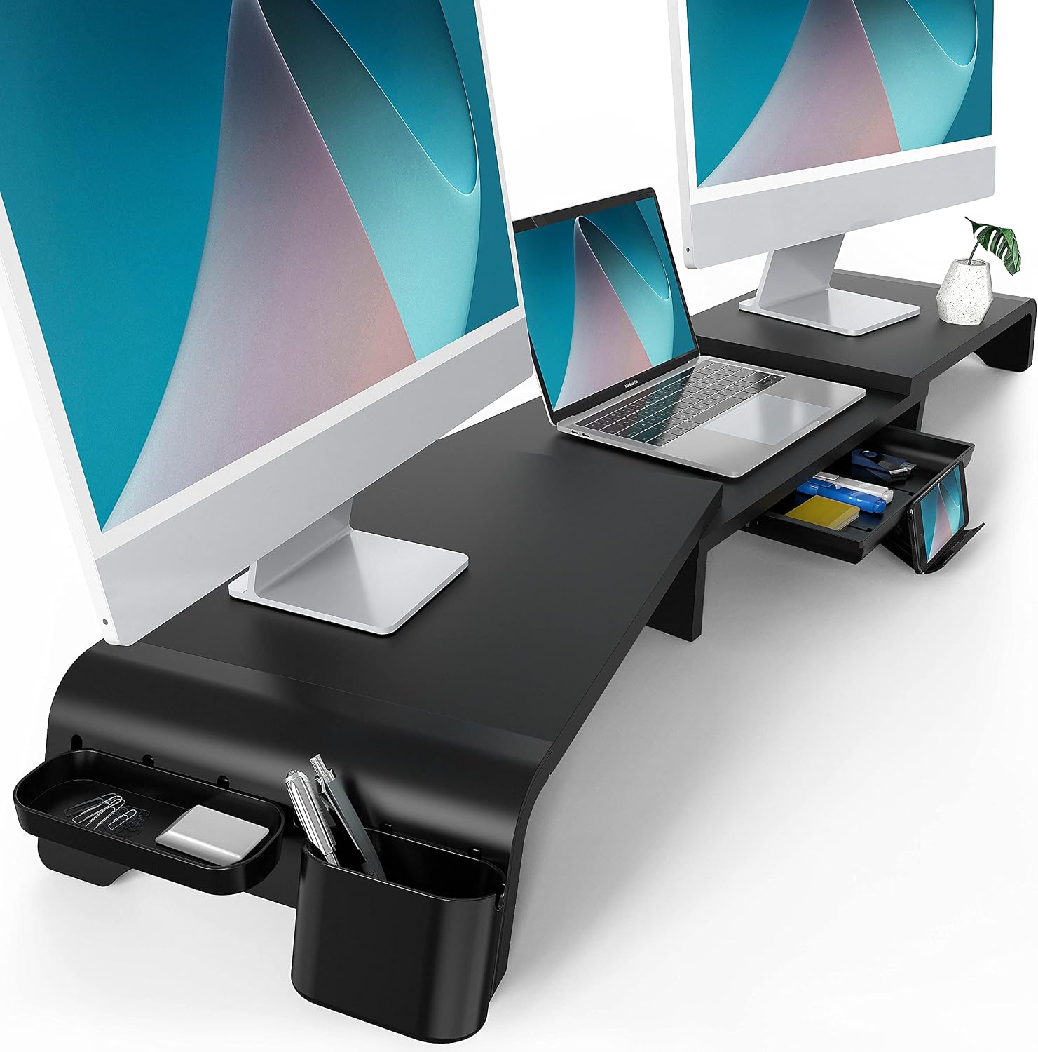 Detalle de Fenge Dual Monitor Stand 119cm Large with Removable Slot Drawer, Adjustable Angle Shelves & Desk Organisation (Black)