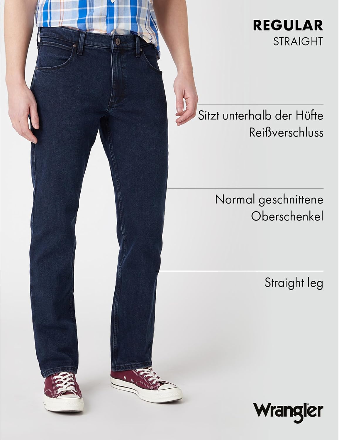 Detalle de Wrangler Herren Jeans Regular – Mid Waist, Regular Fit, Blau/Schwarz