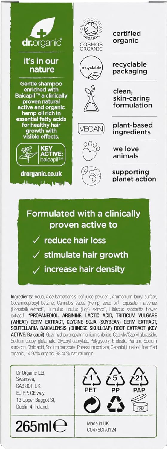 Detalle de Dr Organic Shampoo di Soccorso all'Olio di Canapa – Restitutivo, per Uomo e Donna, 265 ml