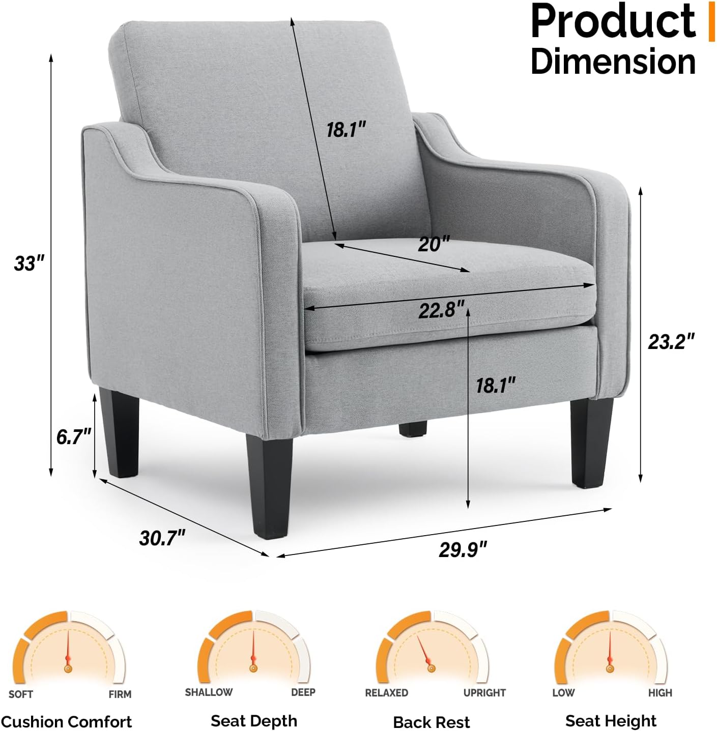 Thumbnail 1 de VINGLI Mid Century Modern Accent Chair in Light Grey Linen