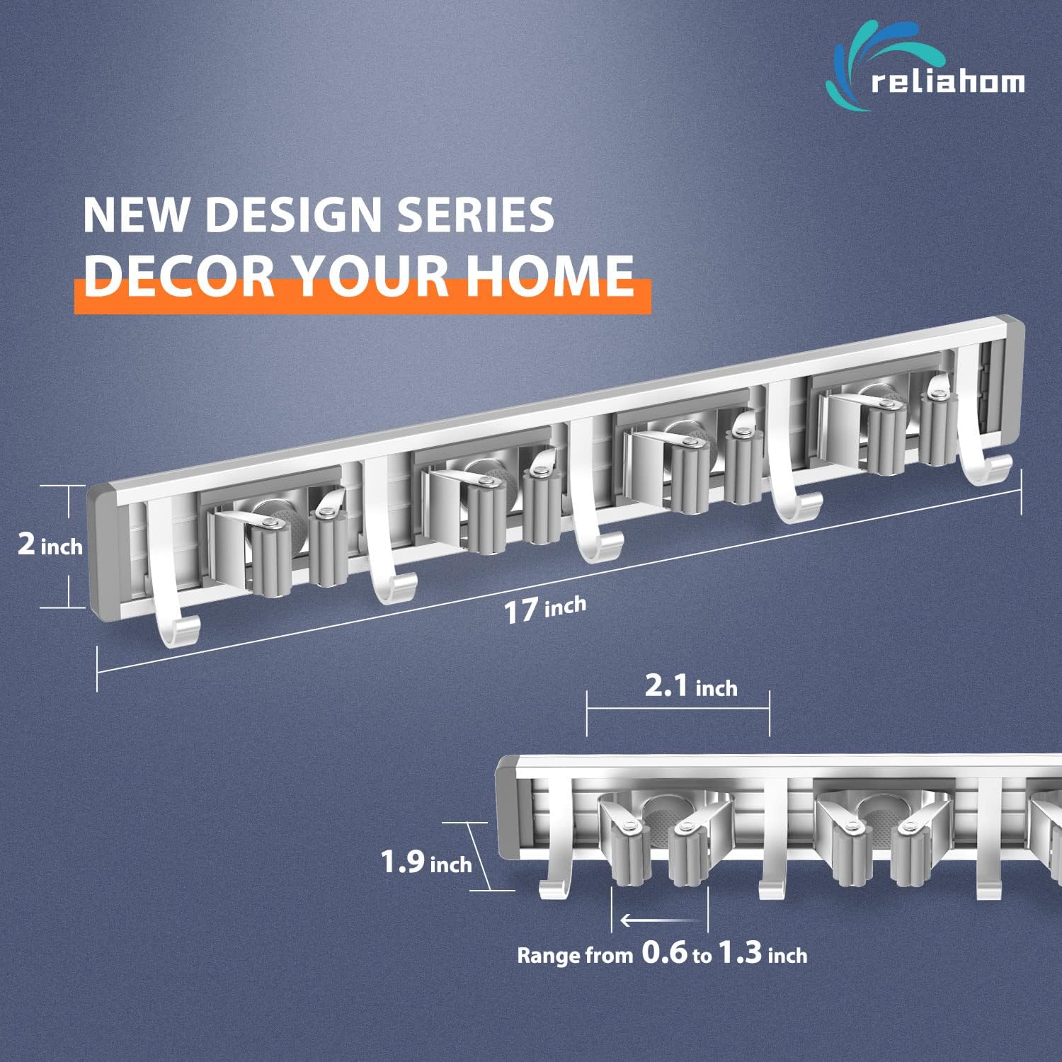 Thumbnail 5 de reliahom Broom Holder Wall Mount Mop Organizer 4 Racks with 5 Hooks