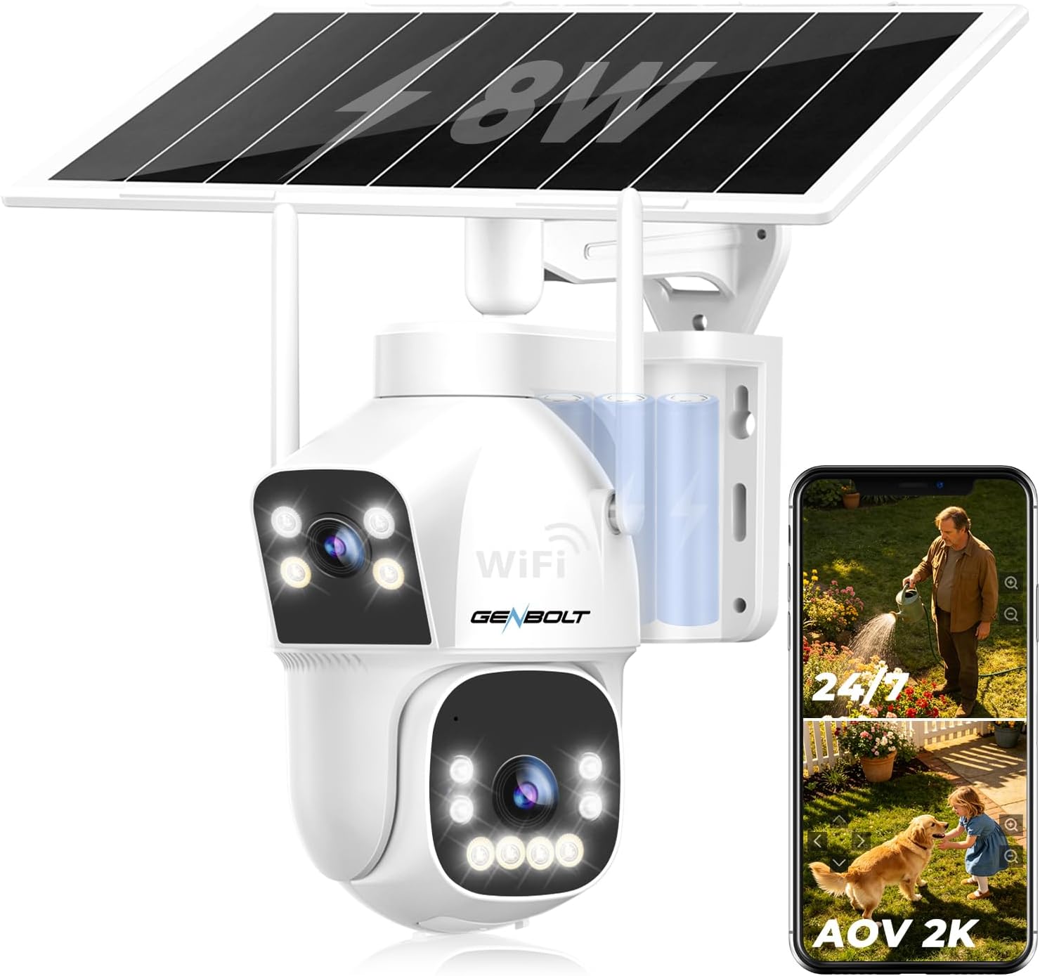 Detalle de GENBOLT Solar WiFi Security Camera Outdoor Wireless with Dual Lens Spotlight, Dual View & PIR