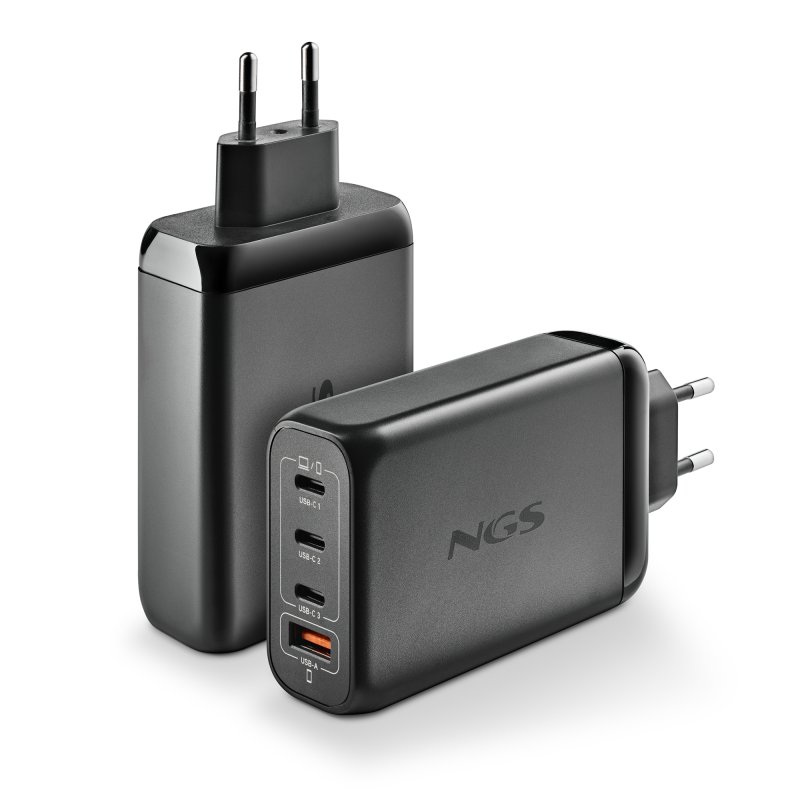 Detalle de NGS BUD140W cargador GaN de 140 W con 3 USB-C y 1 USB-A