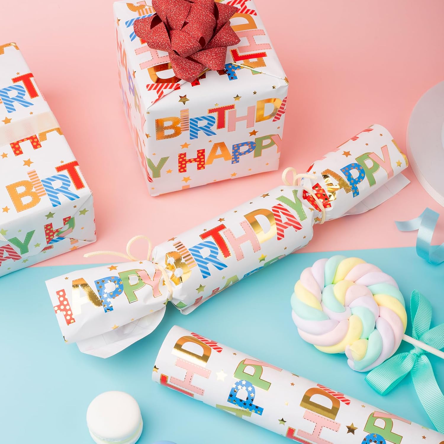 Thumbnail 5 de WIKADLIK Colorful Birthday Wrapping Paper Roll – 43 cm x 10 m with Gold Foil Happy Birthday Lettering