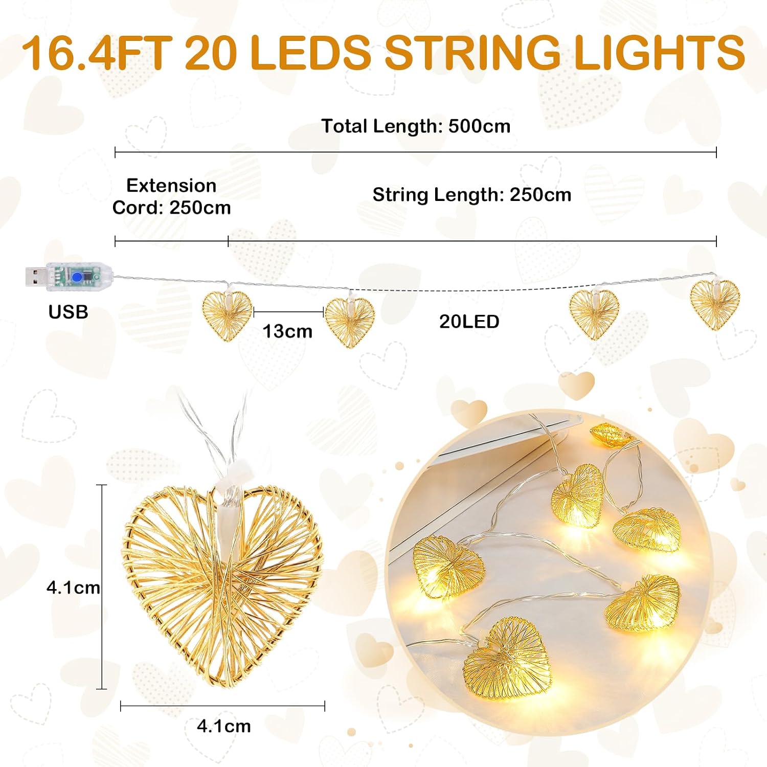 Detalle de A.bigwhale Lichterketten Innen – Herzförmige 20 LED, USB, Timer, 5 m