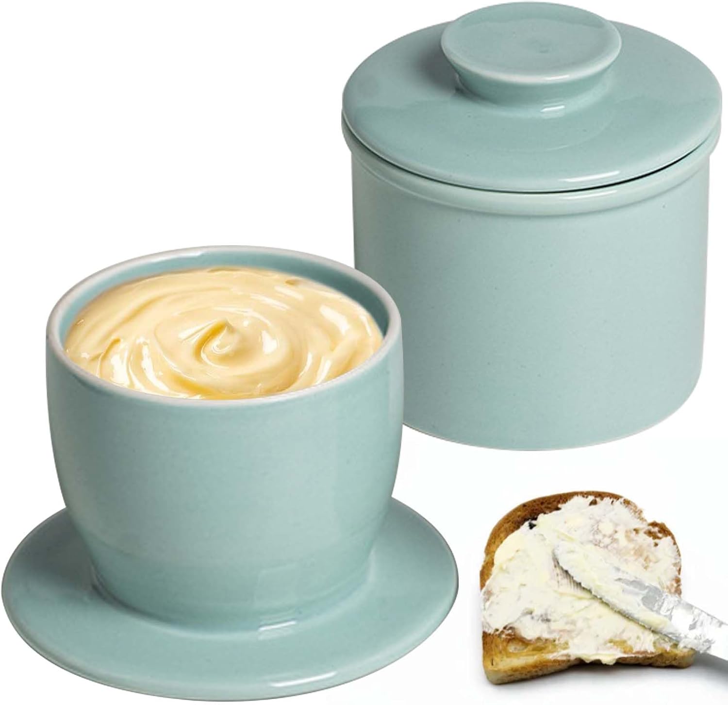 Detalle de BAIFULAI Französische Butterdose Franse botervloot van keramiek, lichtblauw