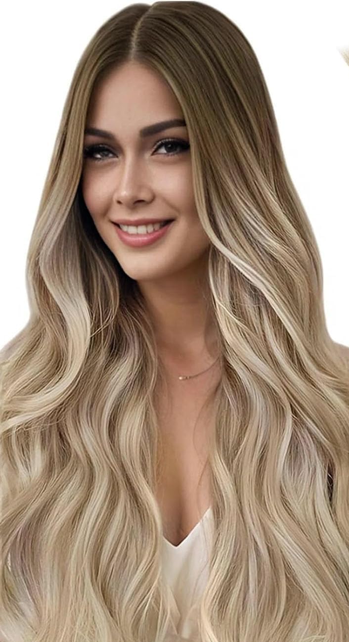 Detalle 2 de LaaVoo Tape Extensions Echthaar Balayage Blondine Ombre Platinblond – 55 cm, 20 Stück