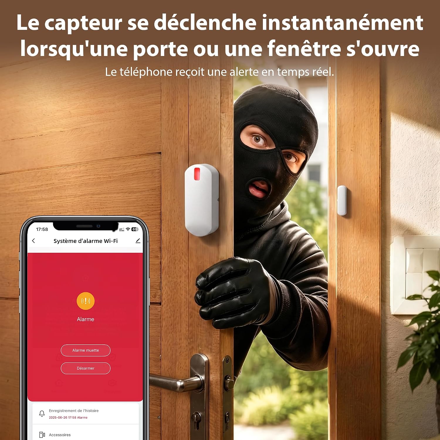 Detalle de YISEELE Alarme Maison sans Fil: Centrale 120 dB + Kit de 4 capteurs + commande – Alexa & Google Home