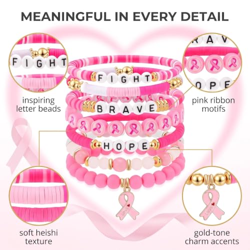 Detalle 2 de DUFYOC Ensemble de 7 Bracelets Octobre Rose — Ruban rose et perles, soutien Cancer du Sein