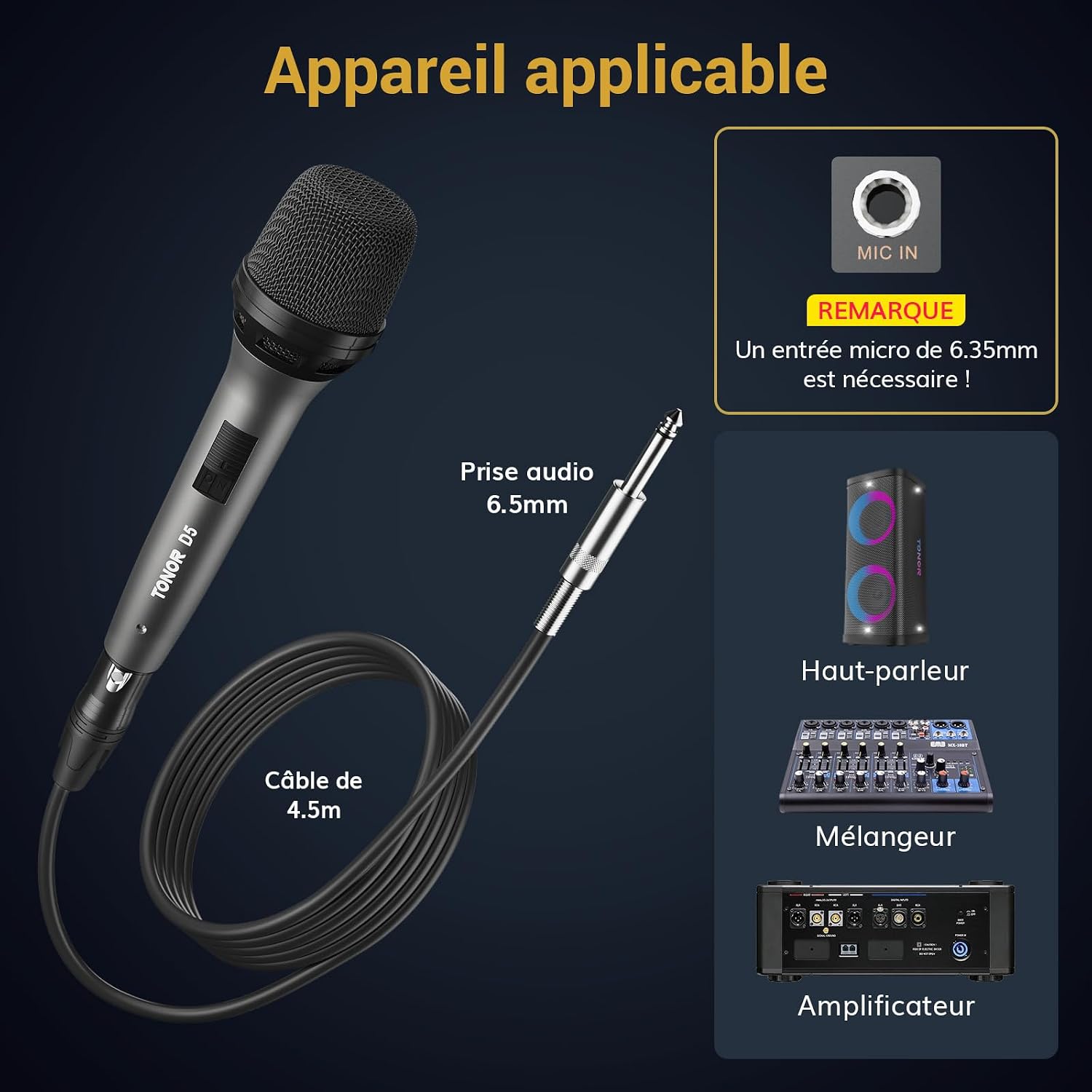 Detalle de TONOR D5 dynamische zangmicrofoon met stille schakelaar en XLR-kabel