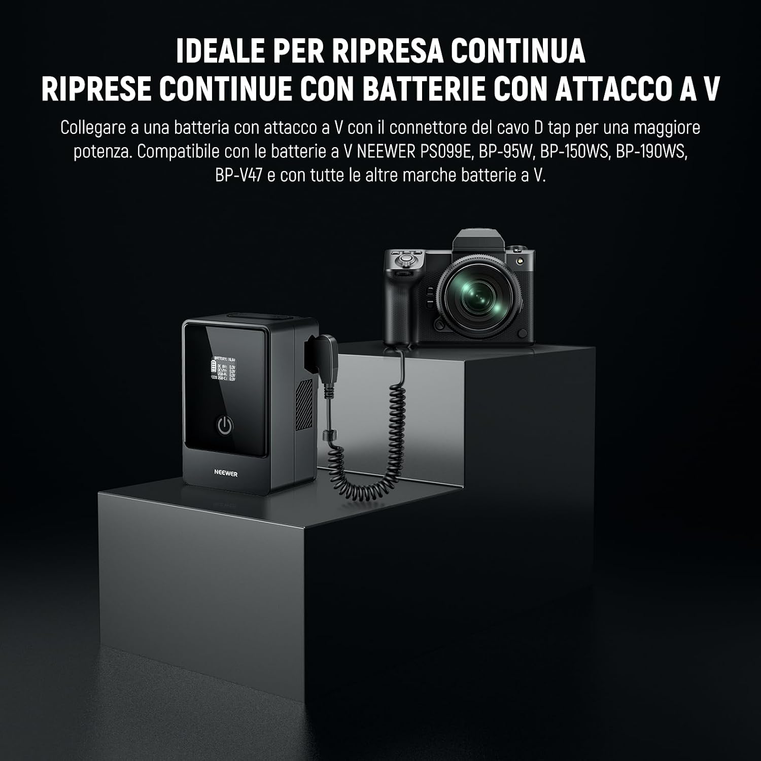 Detalle 2 de NEEWER batteria finta D-Tap per NP-W235 con cavo per batterie V-Mount (VP-NPW235) per Fujifilm e mirrorless