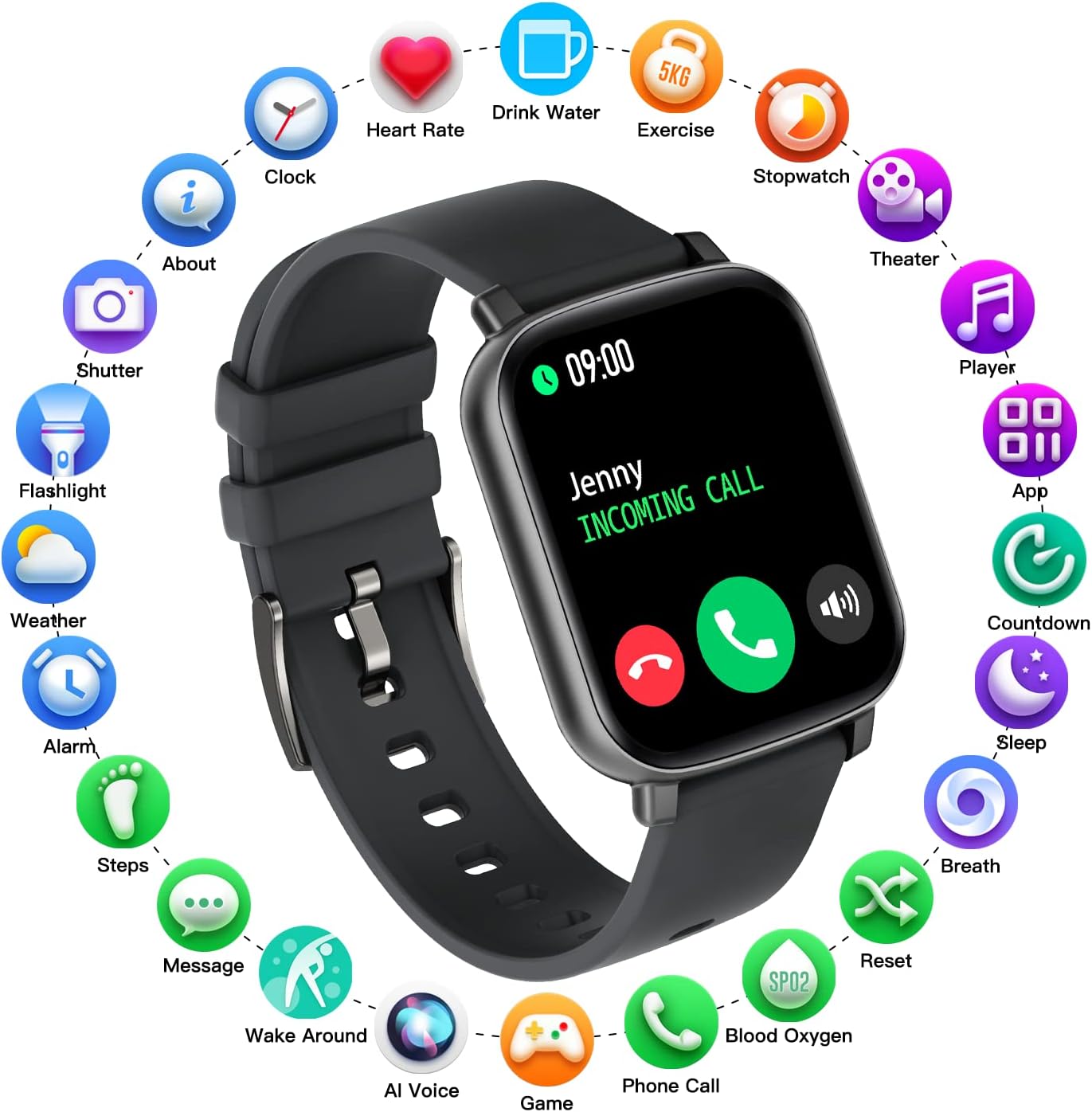 Detalle de FirYawee 1.7-inch Touchscreen Smart Watch (Black) with Bluetooth calls and health tracking