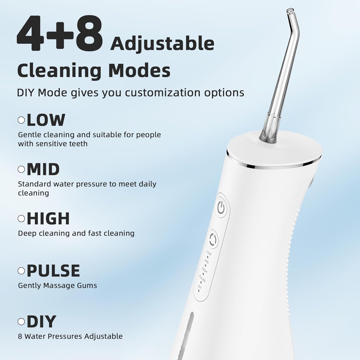 Detalle de Jet Dentaire Hydropulseur électrique rechargeable sans fil 4 modes 300 ml IPX7 (blanc)