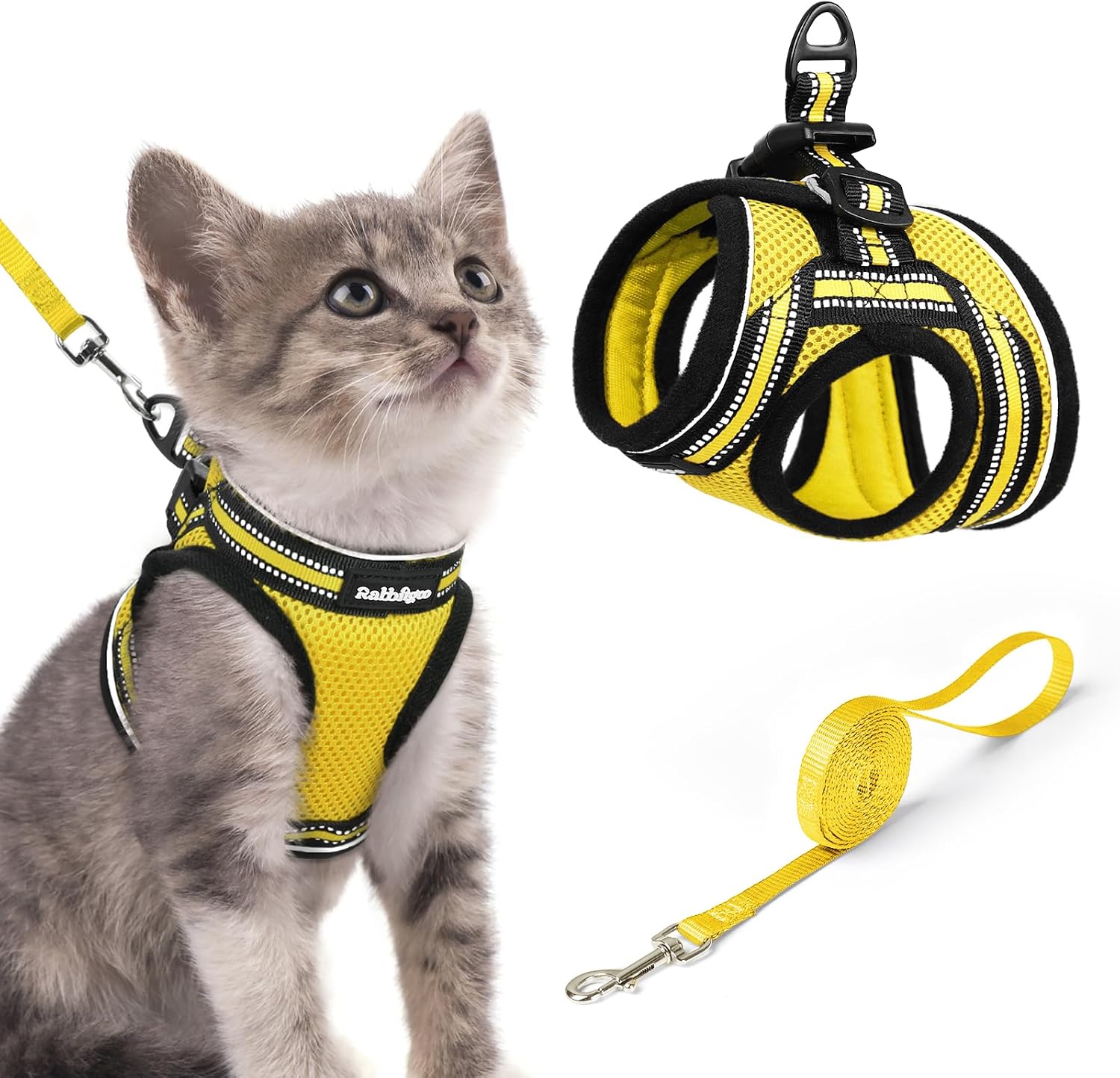 Rabbitgoo Cat Harness and Lead Set (Soft Step-in Vest) – Yellow, 1.5m Lead, Escape-Proof for Kittens/Tiny Cats