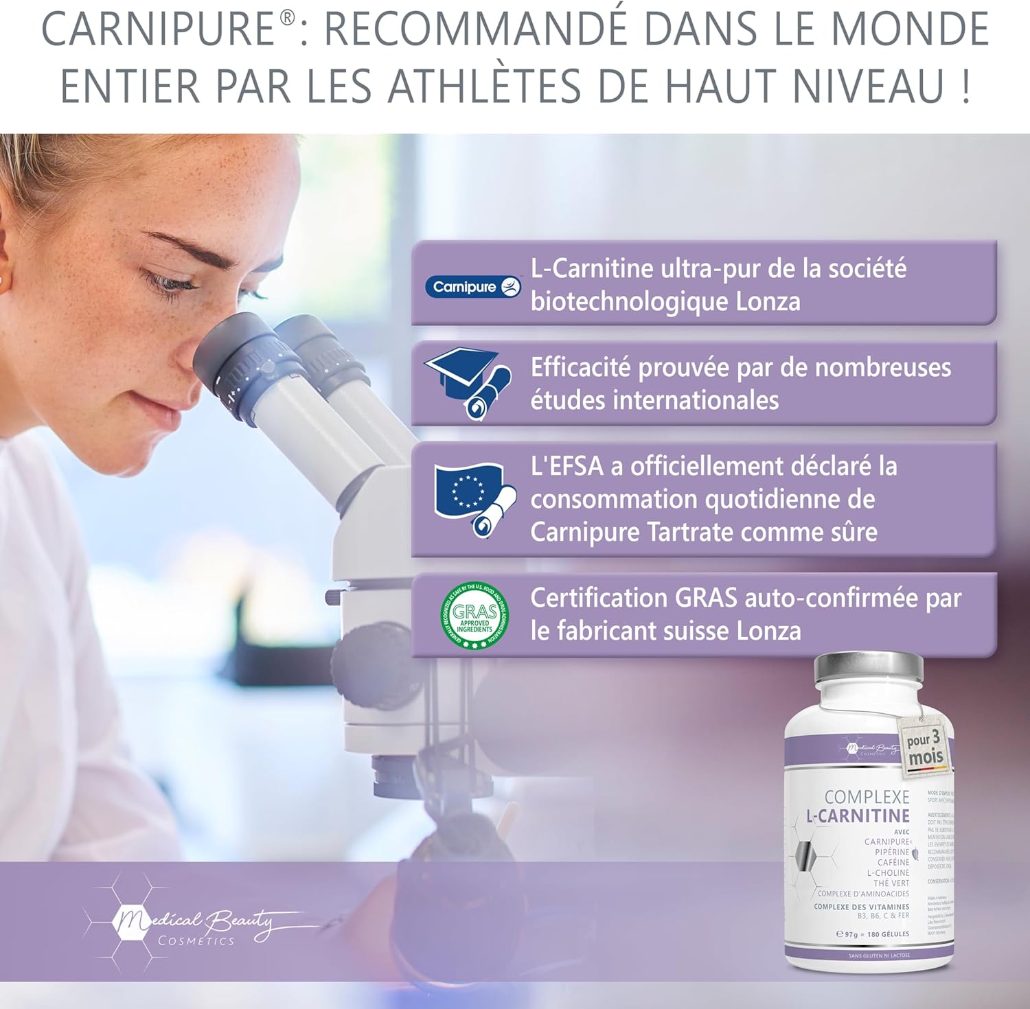 Detalle de Complexe de L-Carnitine Carnipure® – 180 capsules vegan hautes doses avec thé vert, caféine, choline et pipérine