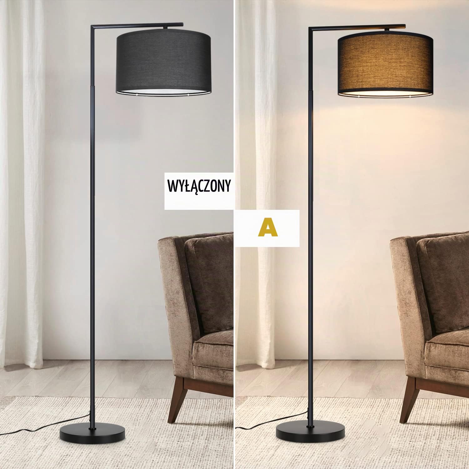 Thumbnail 6 de ZMH G80-SR-C – czarna lampa podłogowa E27 z abażurem i włącznikiem nożnym