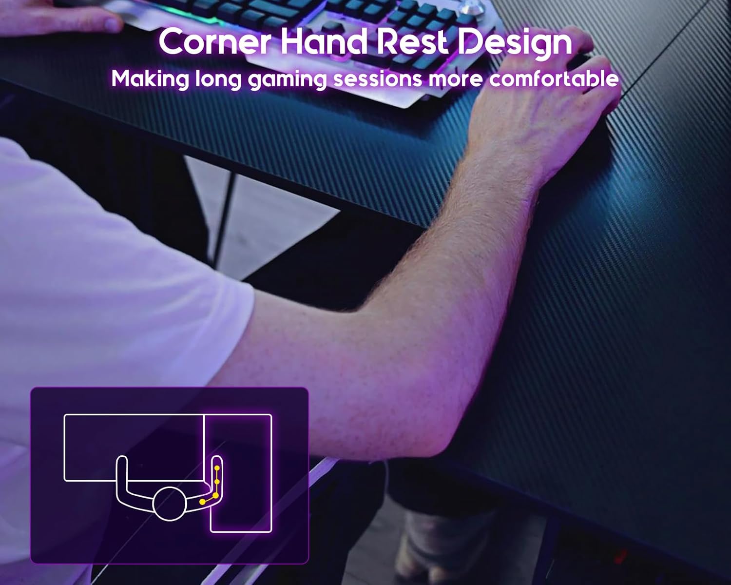 Thumbnail 5 de ODK Gaming Desk with LED Lights, 2 Power Outlets & 140CM L-Shaped Monitor Stand (Carbon Fibre Black)