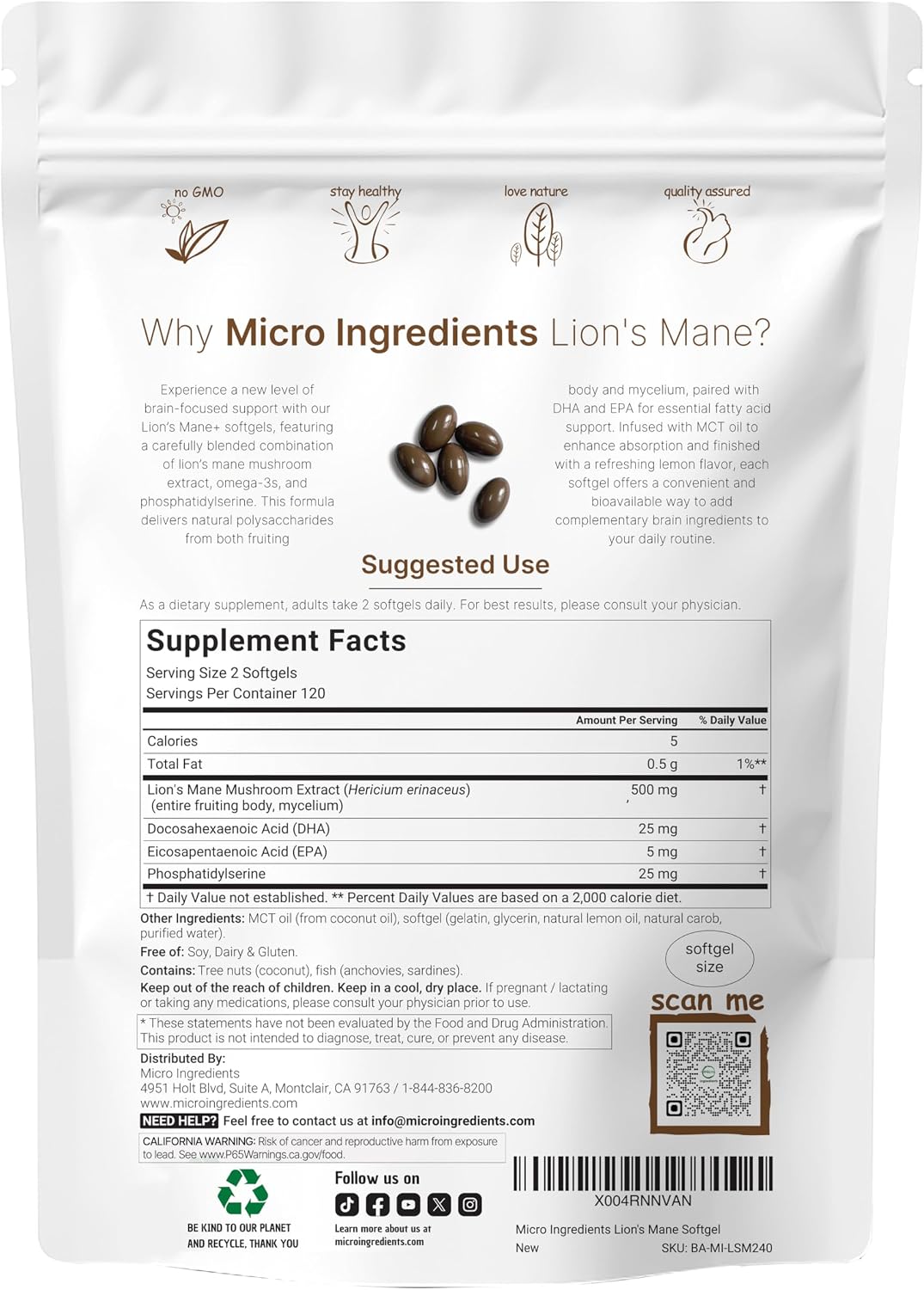 Detalle 2 de Micro Ingredients Lion’s Mane Supplement, 240 Softgels