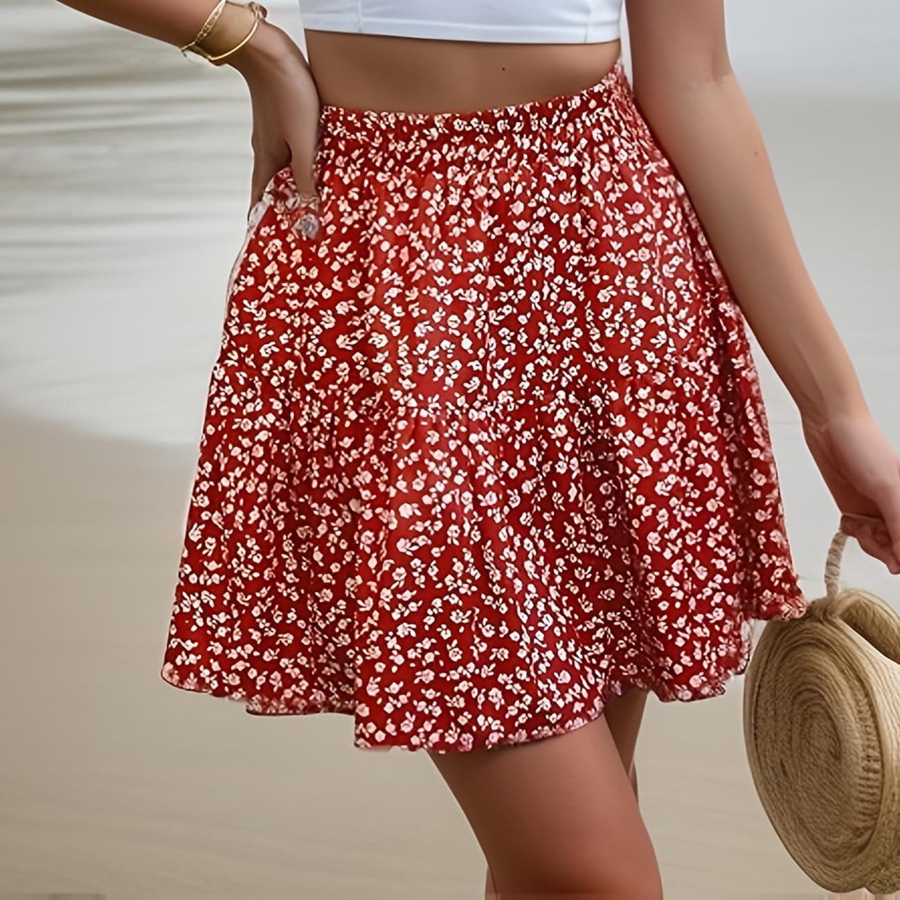 Detalle de Vcindai Damen Sommer Rock – Blumenmuster, A-Linien, elastischer Bund