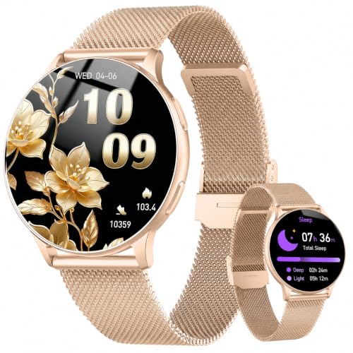 Detalle de Jugeman Montre Connectée Femme 1,33" – Montre Intelligente dorée, appels Bluetooth et suivi santé