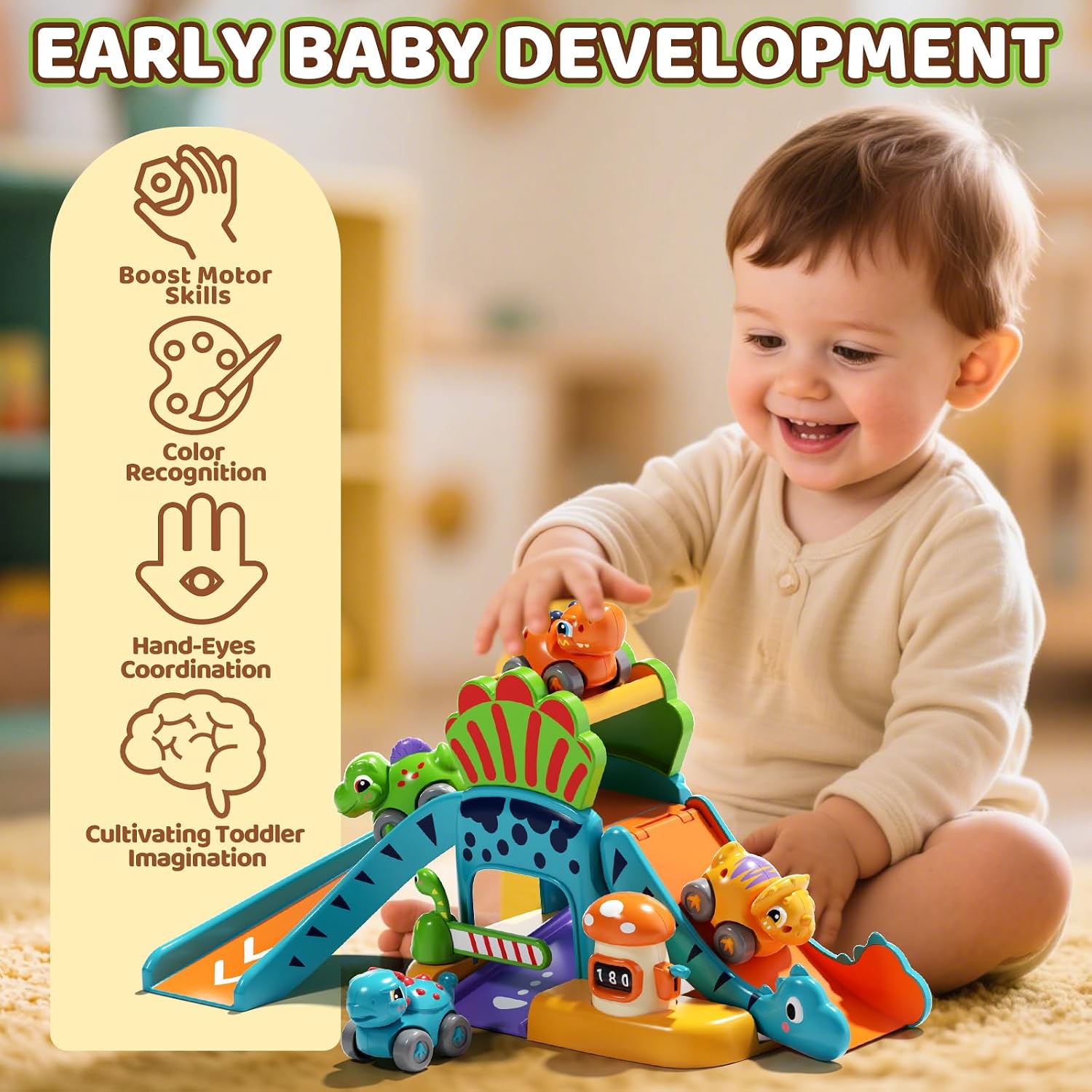 Detalle de Lehoo Castle Dinosaur Toys: toddler learning slide with 4 mini push cars (for 12–18 months)