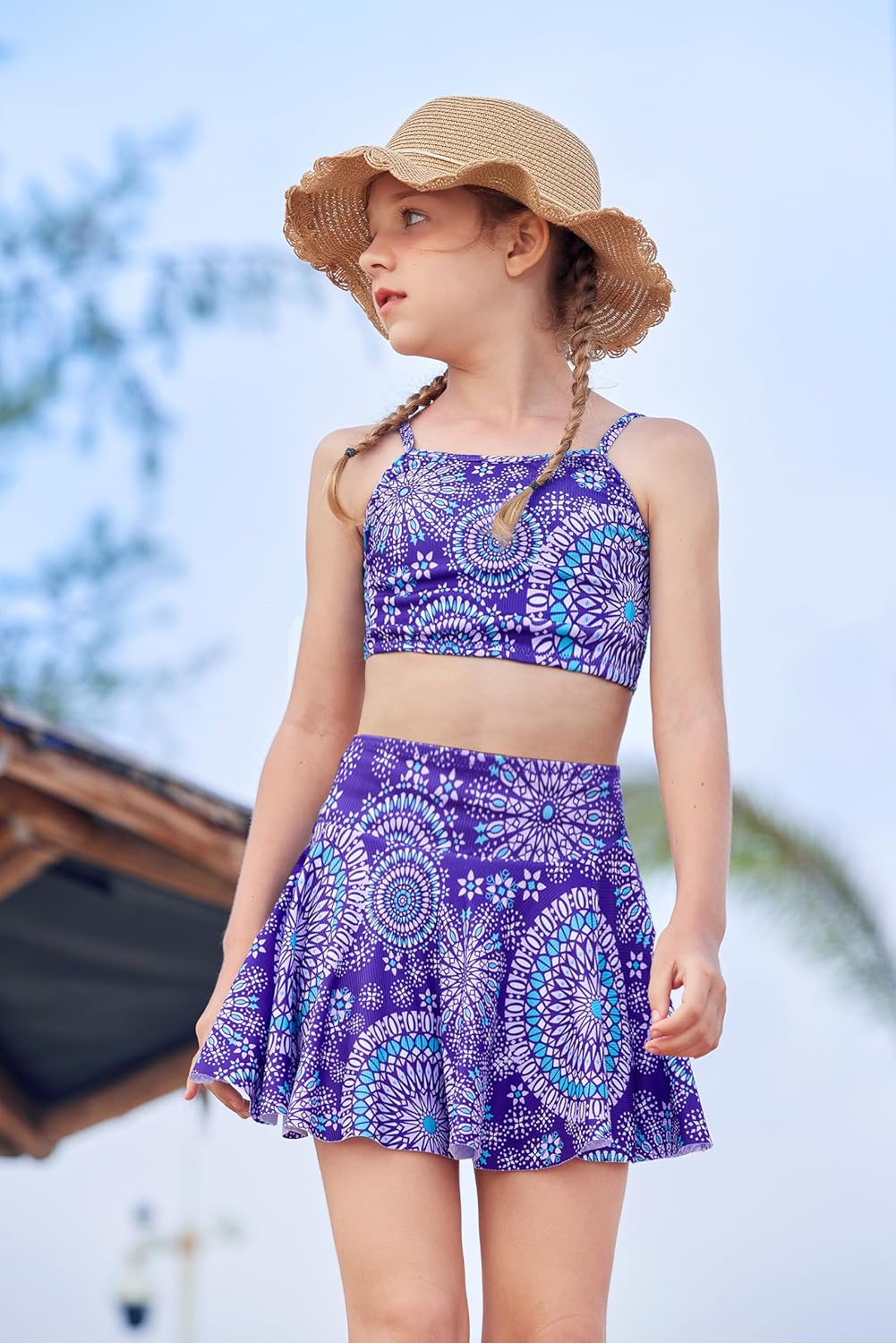 Detalle 2 de Arshiner Mädchen Bikini Set 3er Sommer Badeanzüge – Tankini mit Rock, Blumendruck, für Mädchen 5–15 Jahre