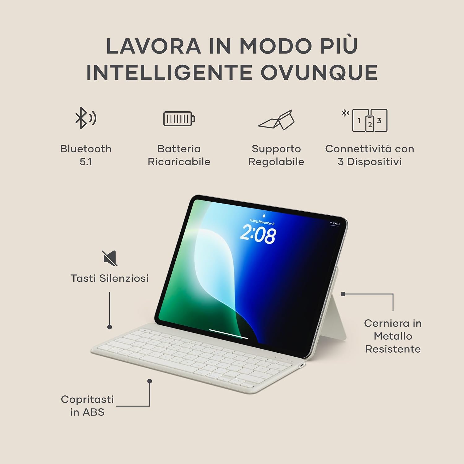 Detalle de Satechi OntheGo™ Tastiera Wireless Bluetooth con Supporto Regolabile per iPad e Tablet, QWERTY US – fino a 3 dispositivi, Beige