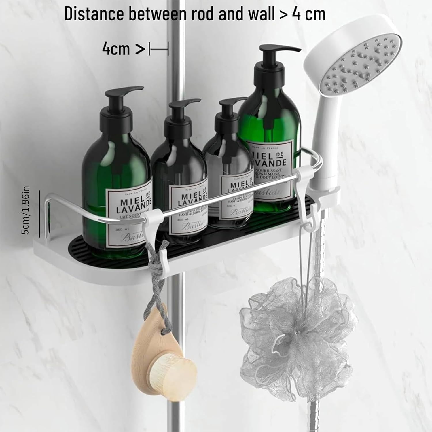 Detalle 2 de Hawsam Duschablage ohne Bohren für runde Duschstangen (18–25 mm) – höhenverstellbarer Badezimmer-Organizer