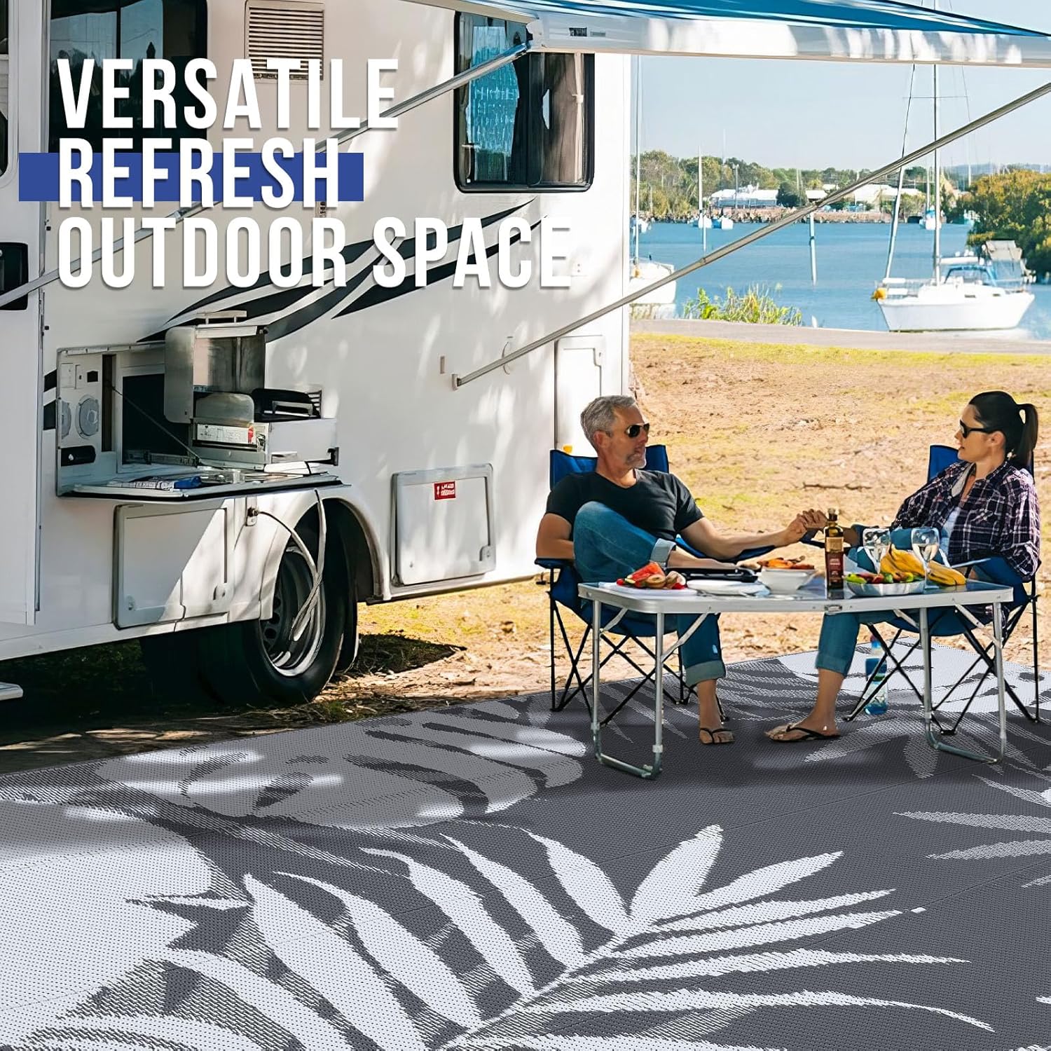 Thumbnail 4 de Homaxy Outdoor Teppich wetterfest aus Kunststoffstroh, faltbar & waschbar (240 x 300 cm) – weiß/grau, wendbar