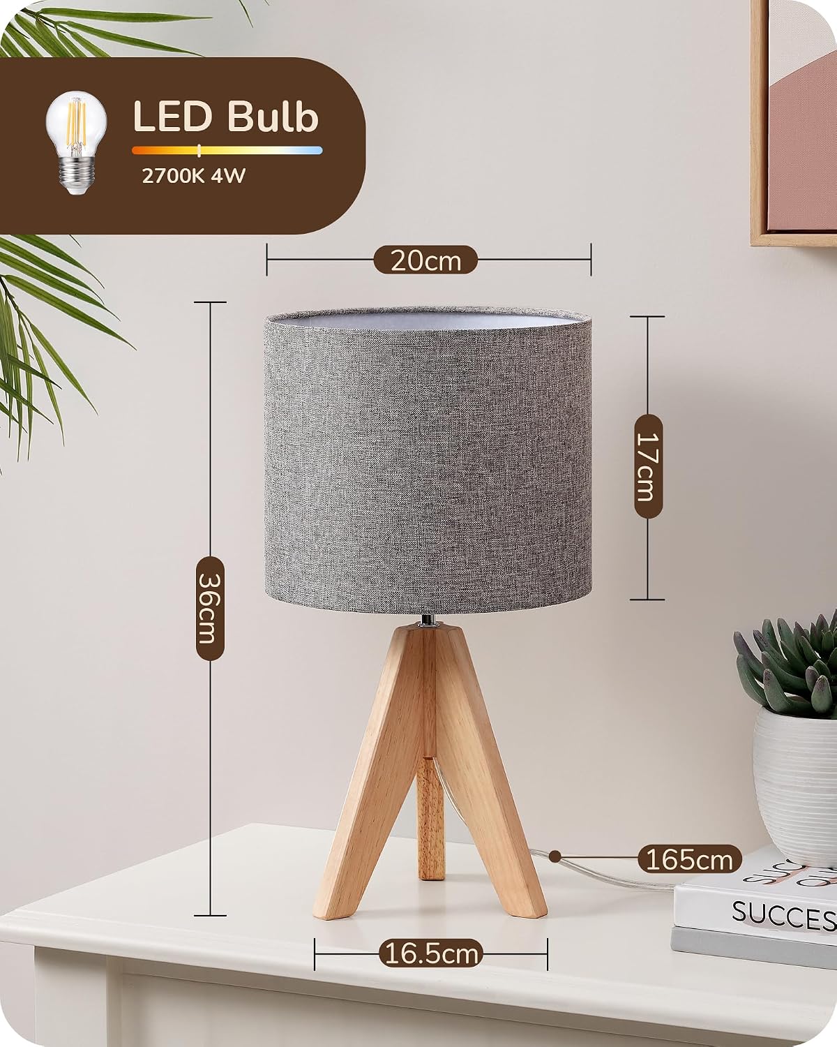 Thumbnail 5 de EDISHINE 36cm Wood Bedside Table Lamp