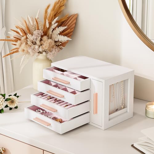 Thumbnail 1 de HOOBRO Caja Joyero de 4 Niveles con Ventana Transparente (EWD09JB04) – Organizador de Joyería en Blanco y Dorado